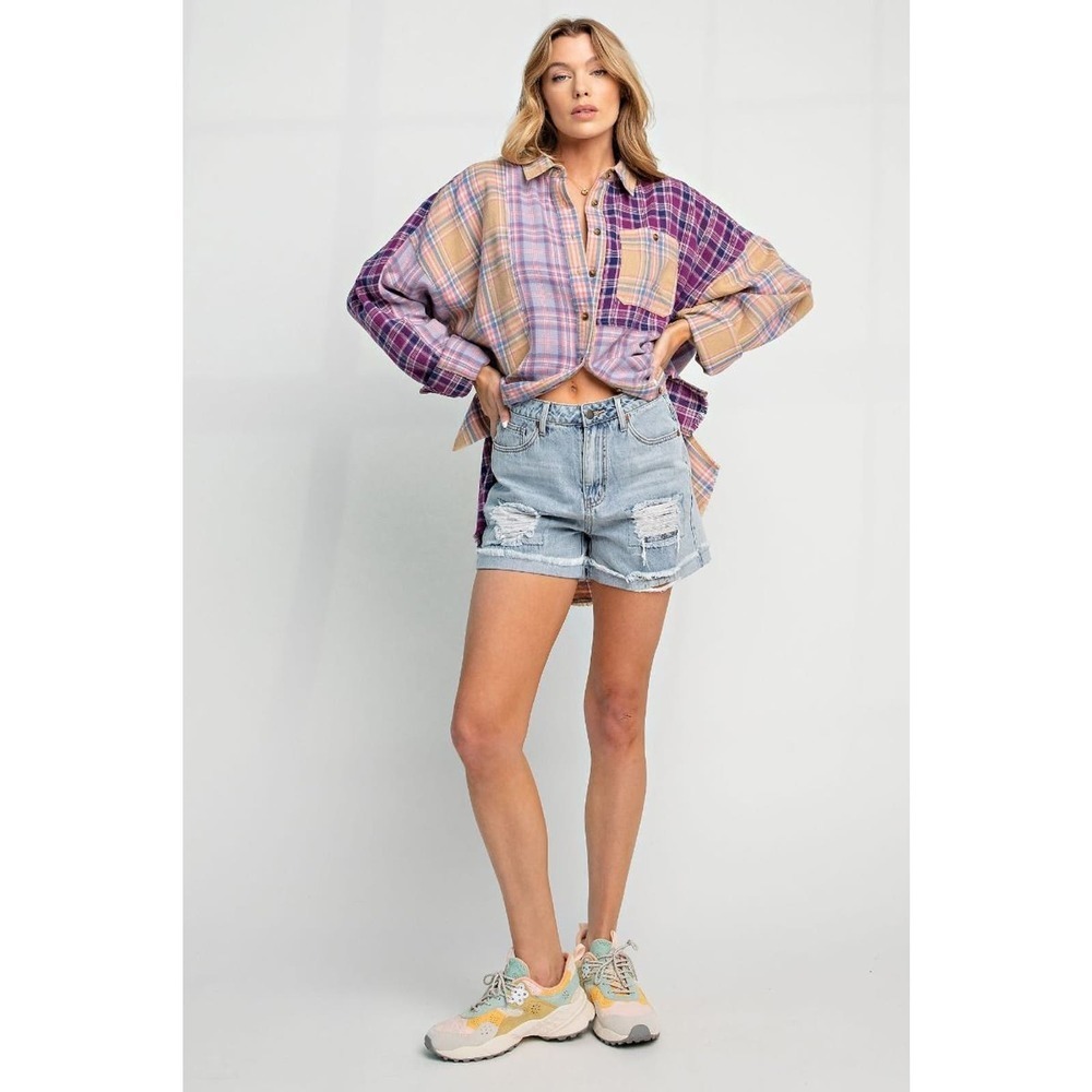 Plaid Mix N Match Button Down Shirt - Lilac Purple